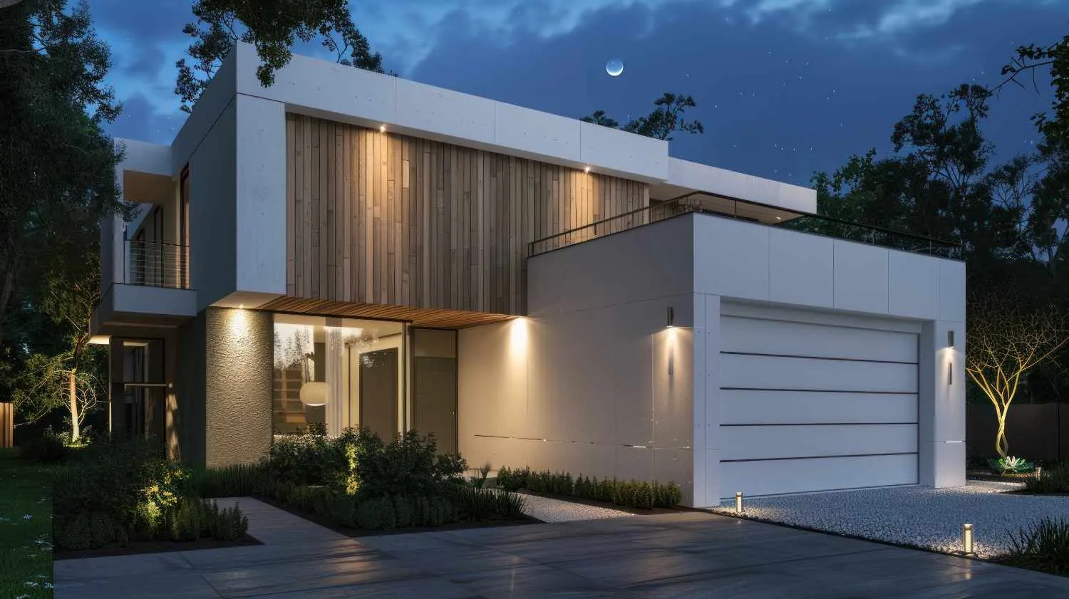 Family home lit up at dusk with the garage and driveway in view